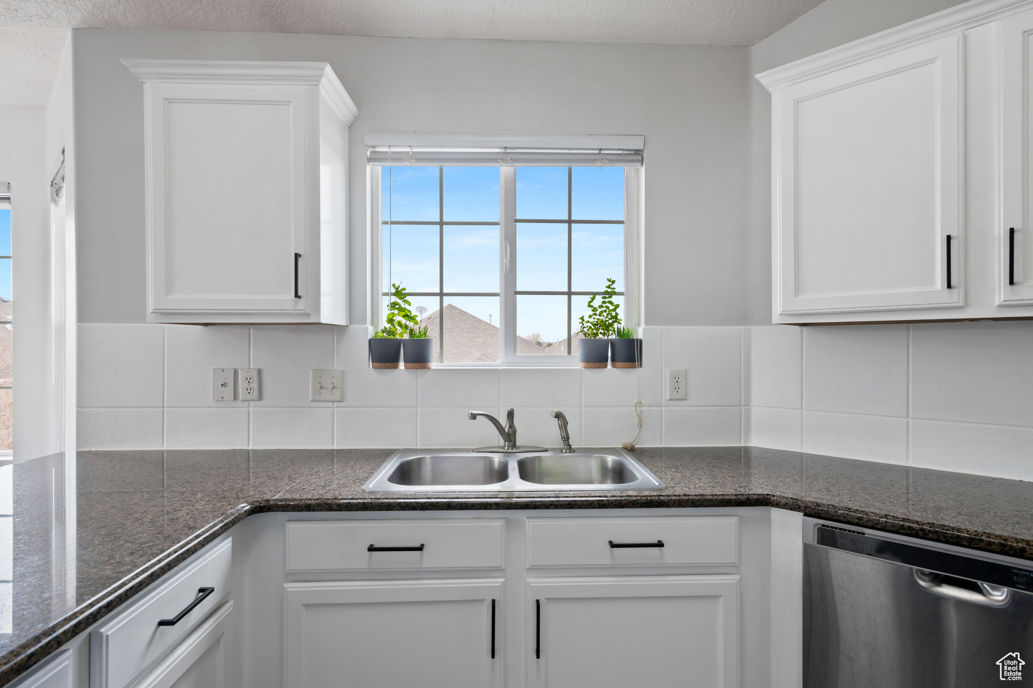 Kitchen with dishwasher, a sink, and white cabinets