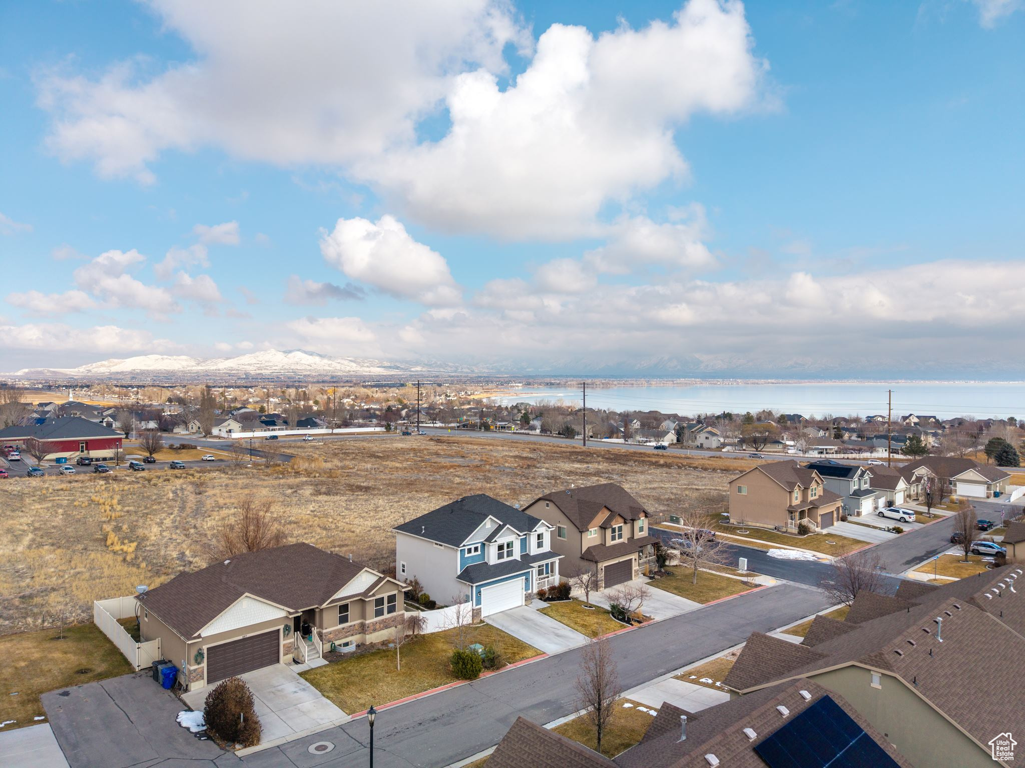 Aerial view with a residential view and a water and mountain view