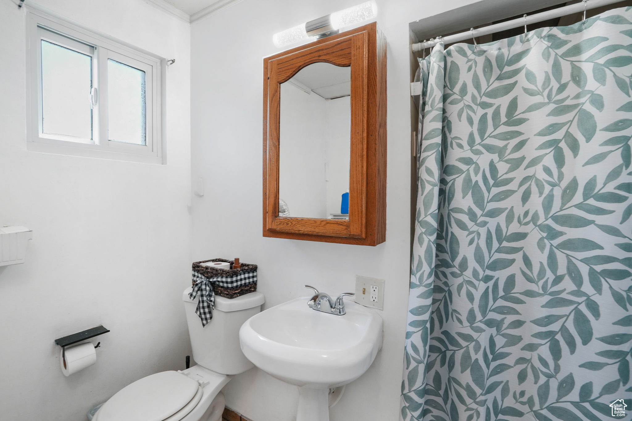 Bathroom featuring toilet, a sink, and a shower with shower curtain