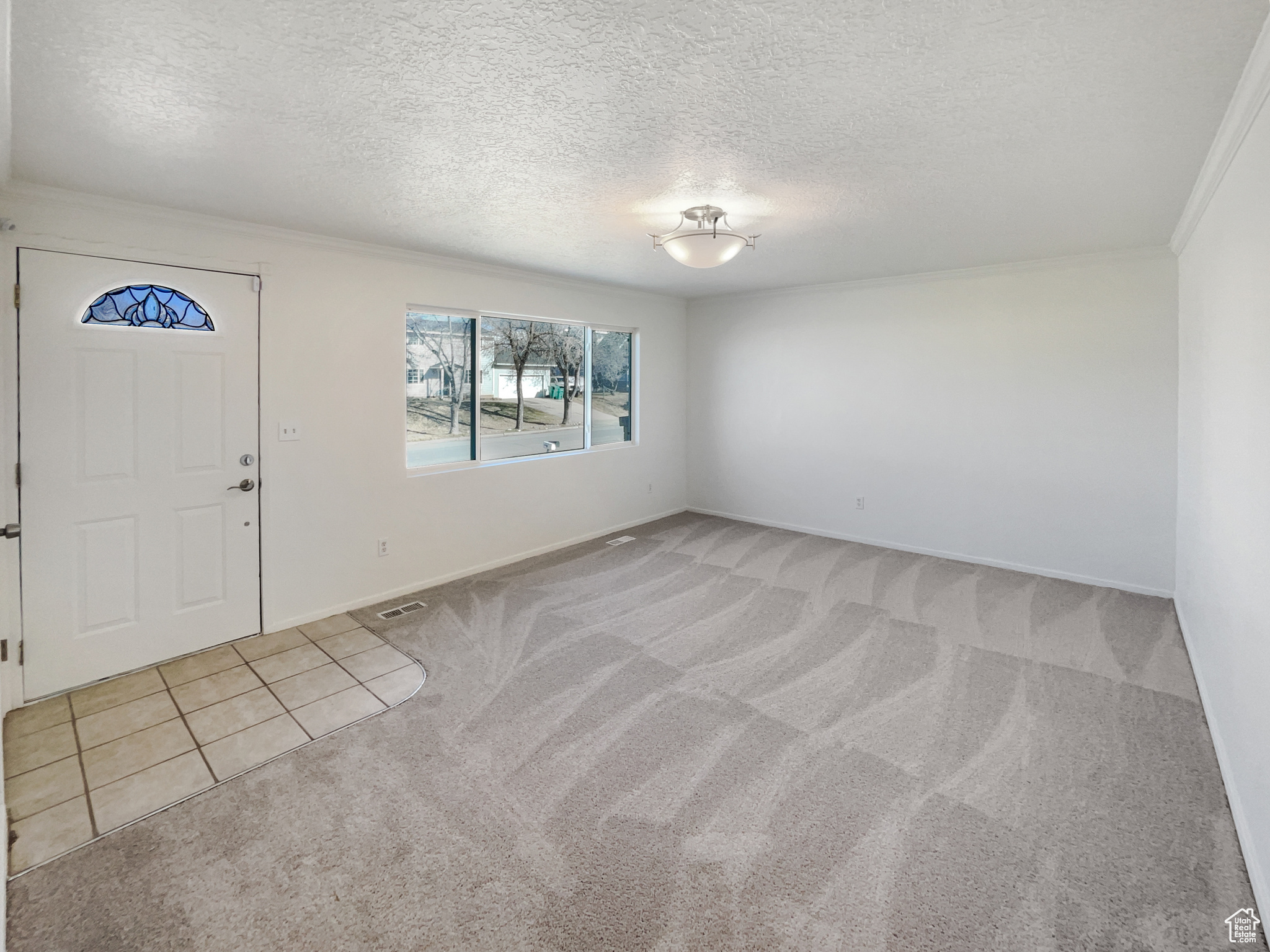 Foyer entrance featuring light carpet, crown molding, and a textured ceiling