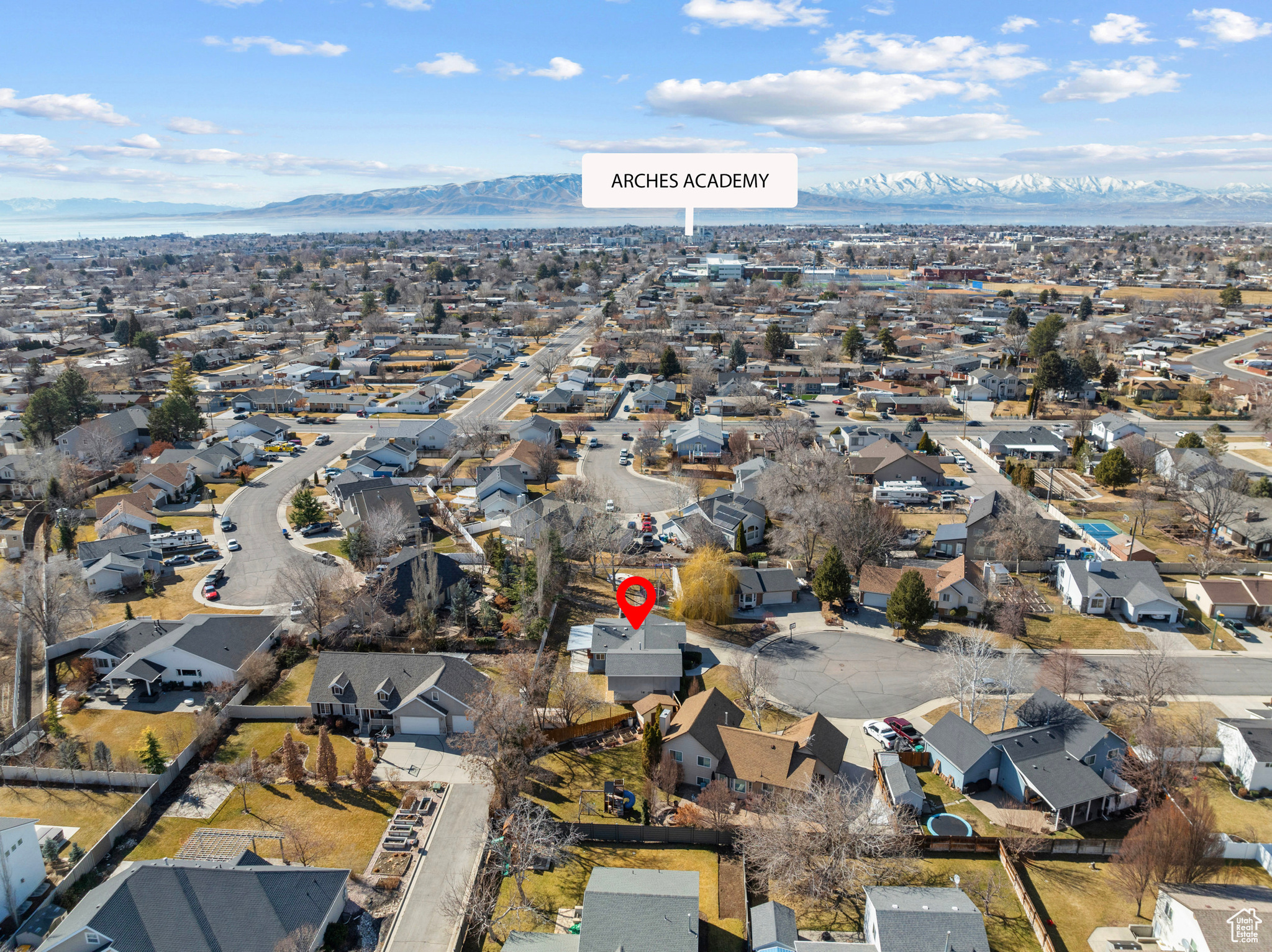 Drone / aerial view with a residential view and a mountain view