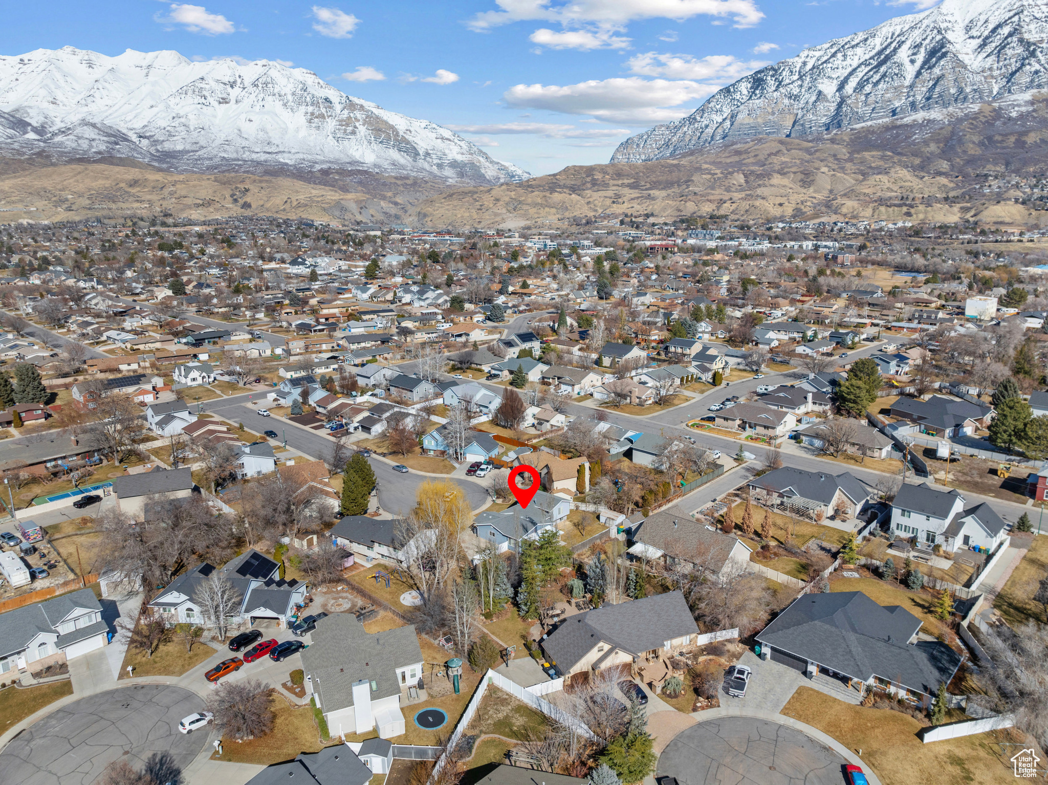 Birds eye view of property with a residential view and a mountain view