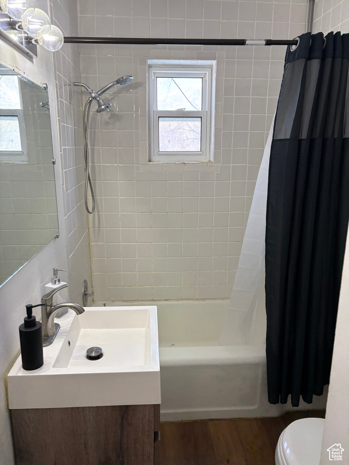 Bathroom featuring toilet, plenty of natural light, wood finished floors, and vanity