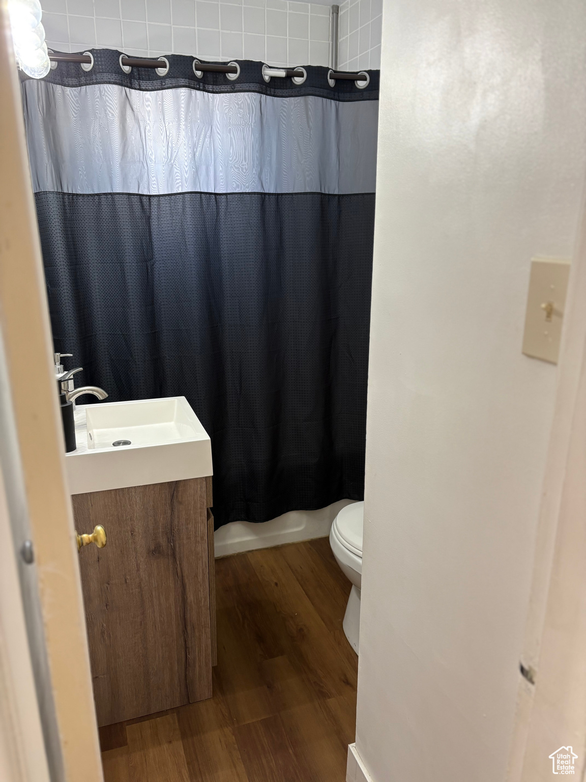 Bathroom with vanity, toilet, and wood finished floors