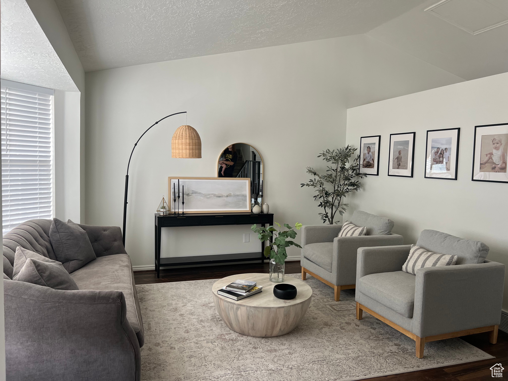 Living area with lofted ceiling, a textured ceiling, and wood finished floors