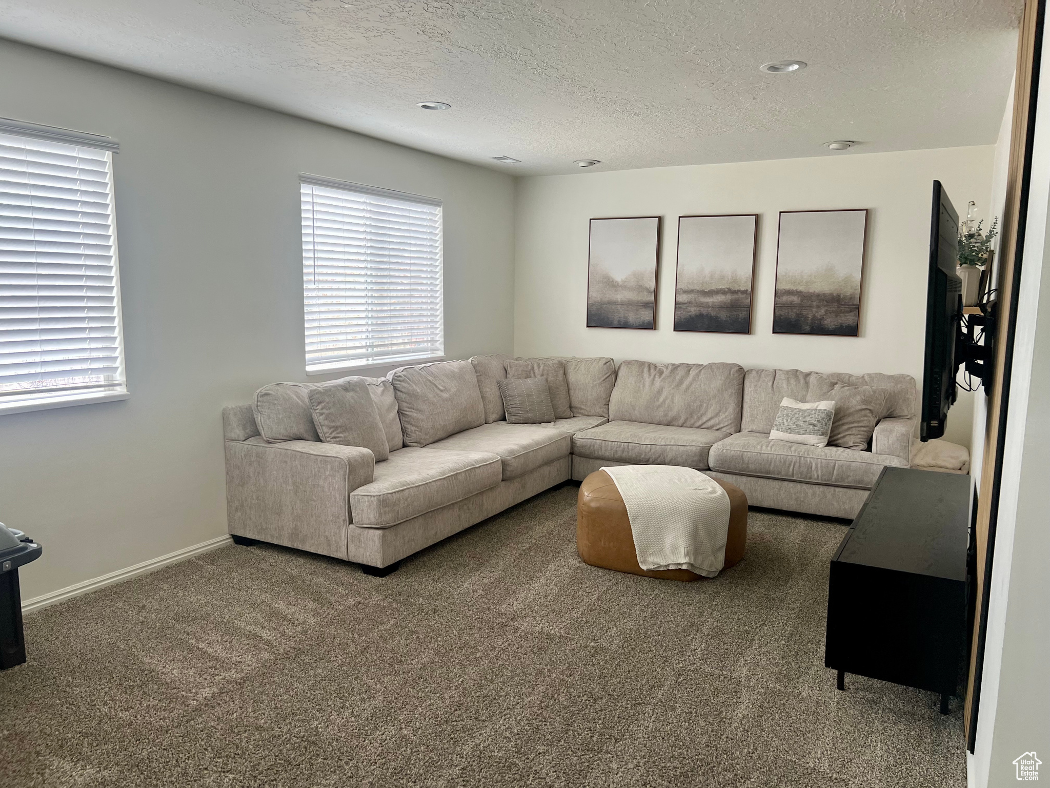 Carpeted living room featuring a textured ceiling and baseboards