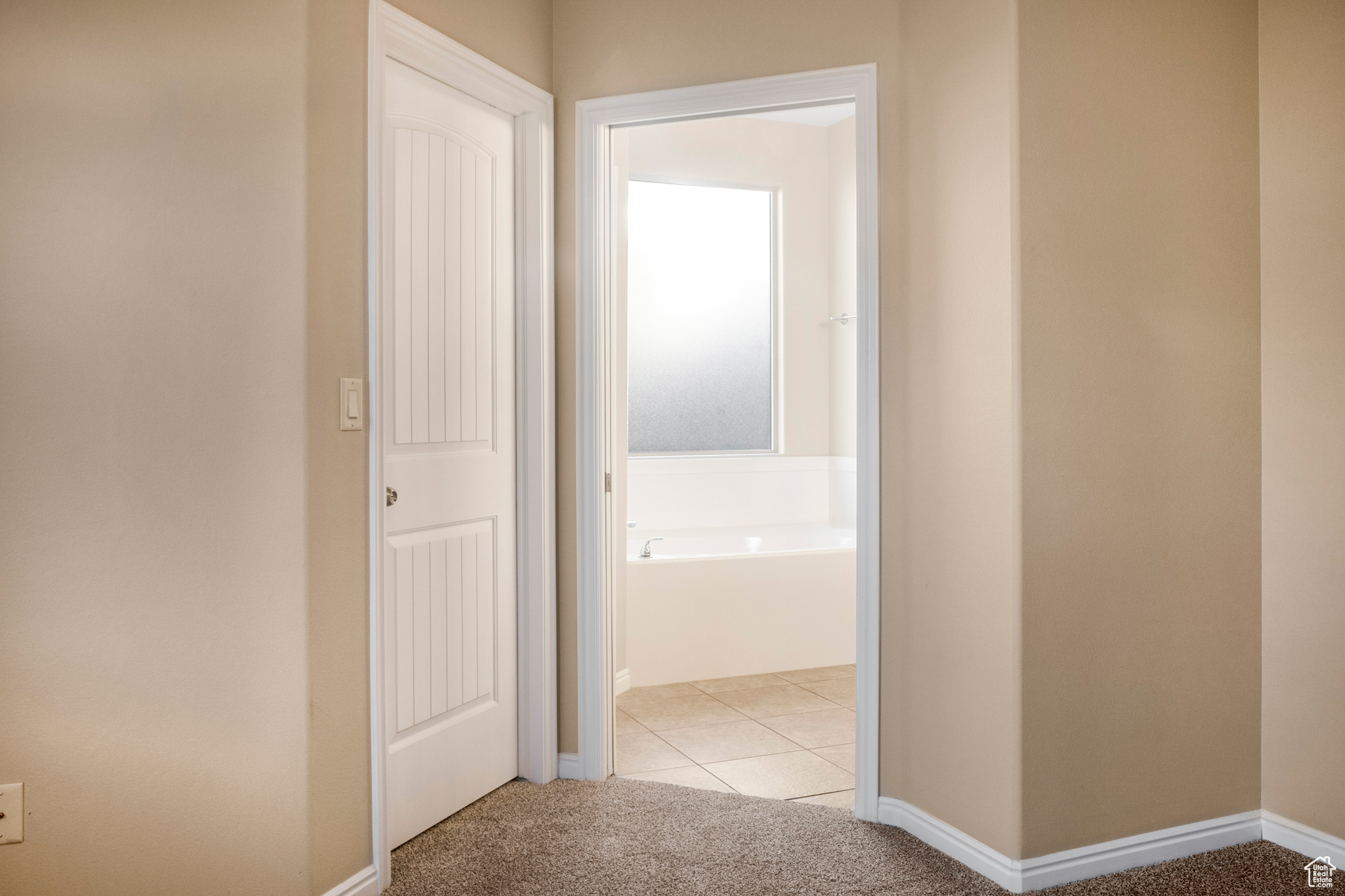 Hall with light carpet and baseboards