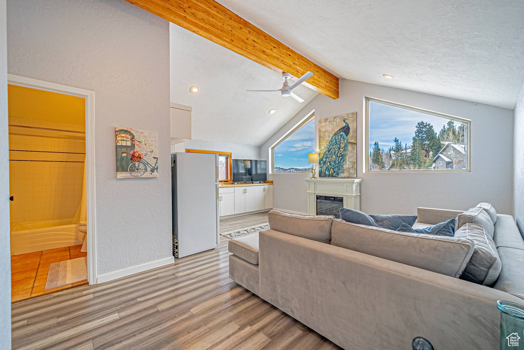 Living area featuring a textured ceiling, light wood-type flooring, plenty of natural light, and a glass covered fireplace