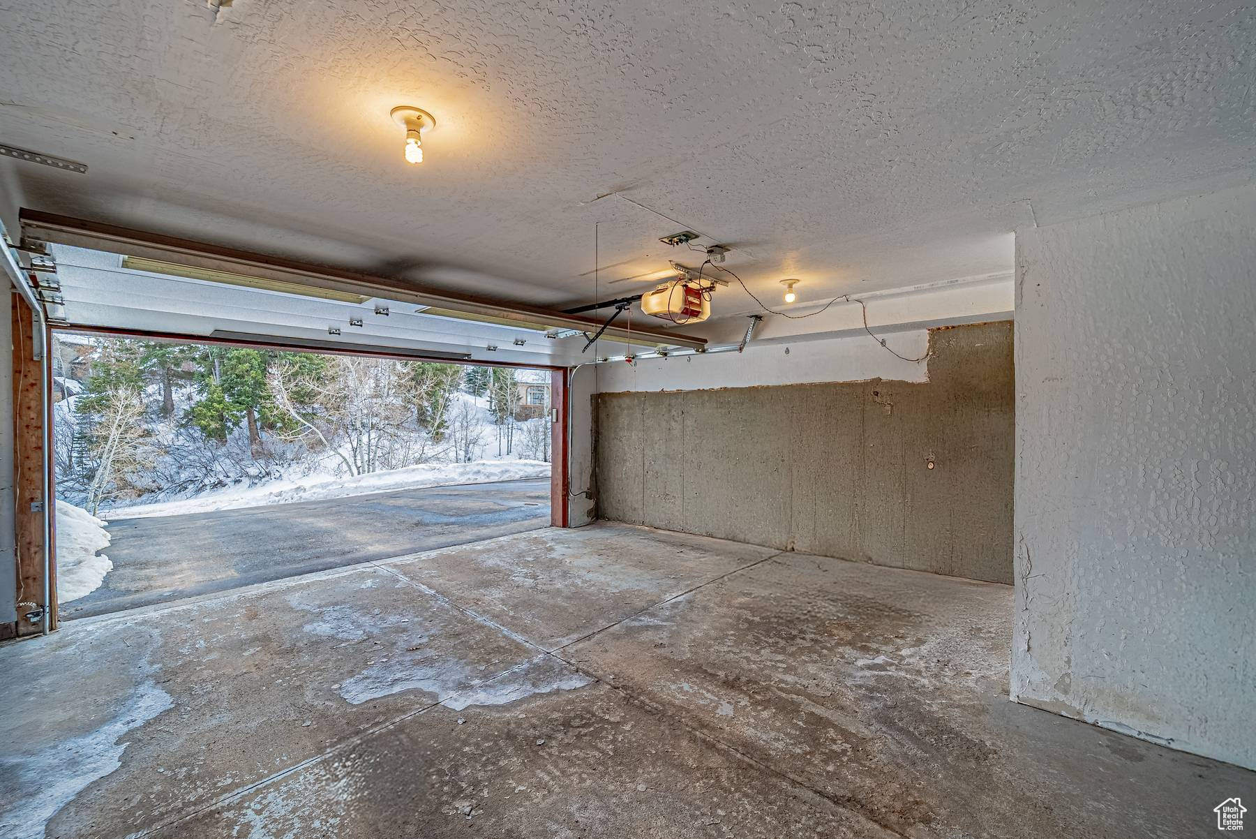 Garage with a textured wall and a garage door opener