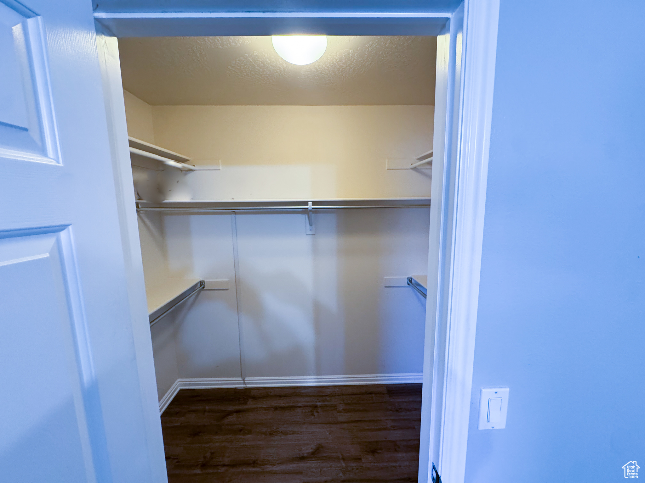 Walk in closet featuring dark wood-style floors