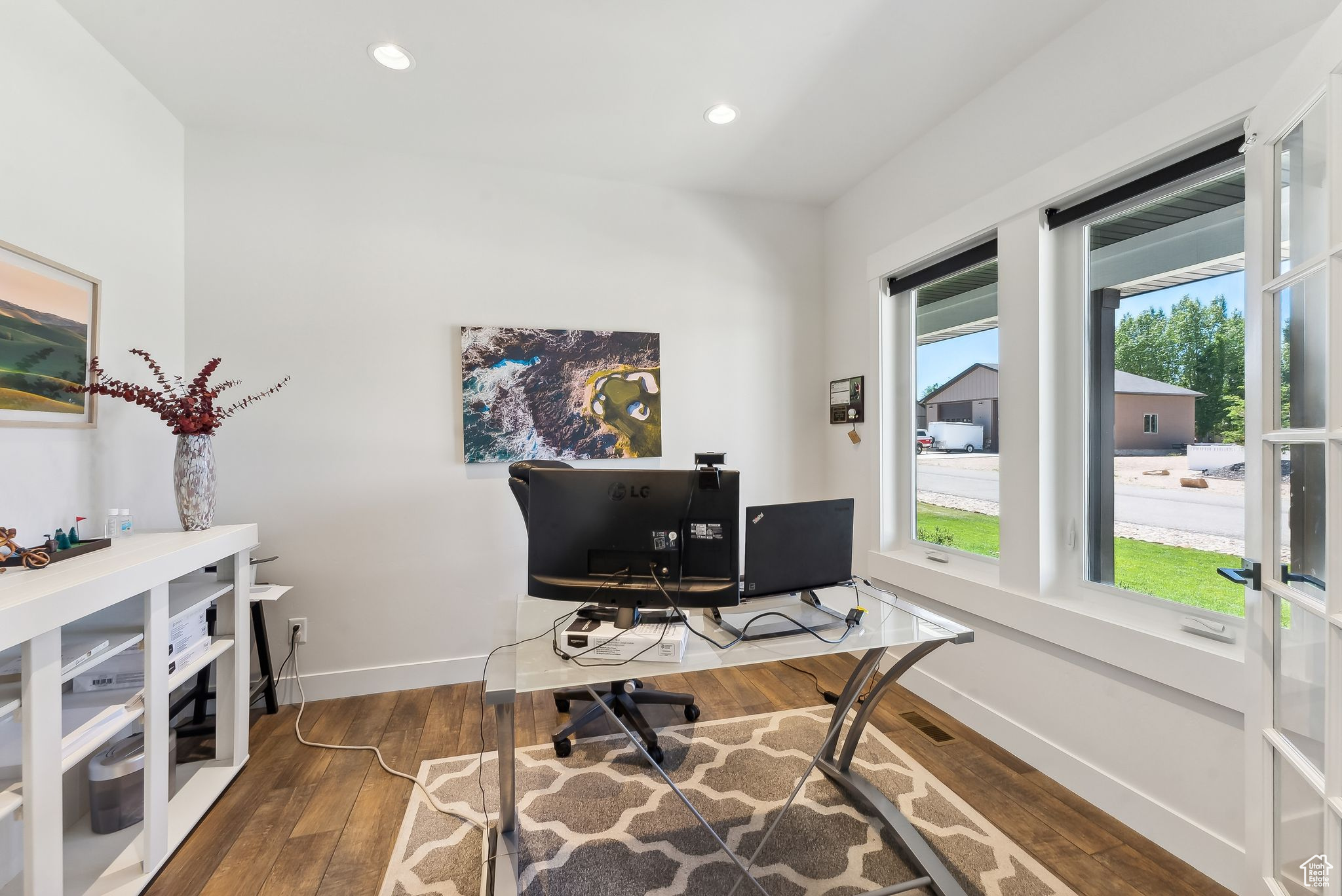Office with recessed lighting, hardwood / wood-style floors, and baseboards