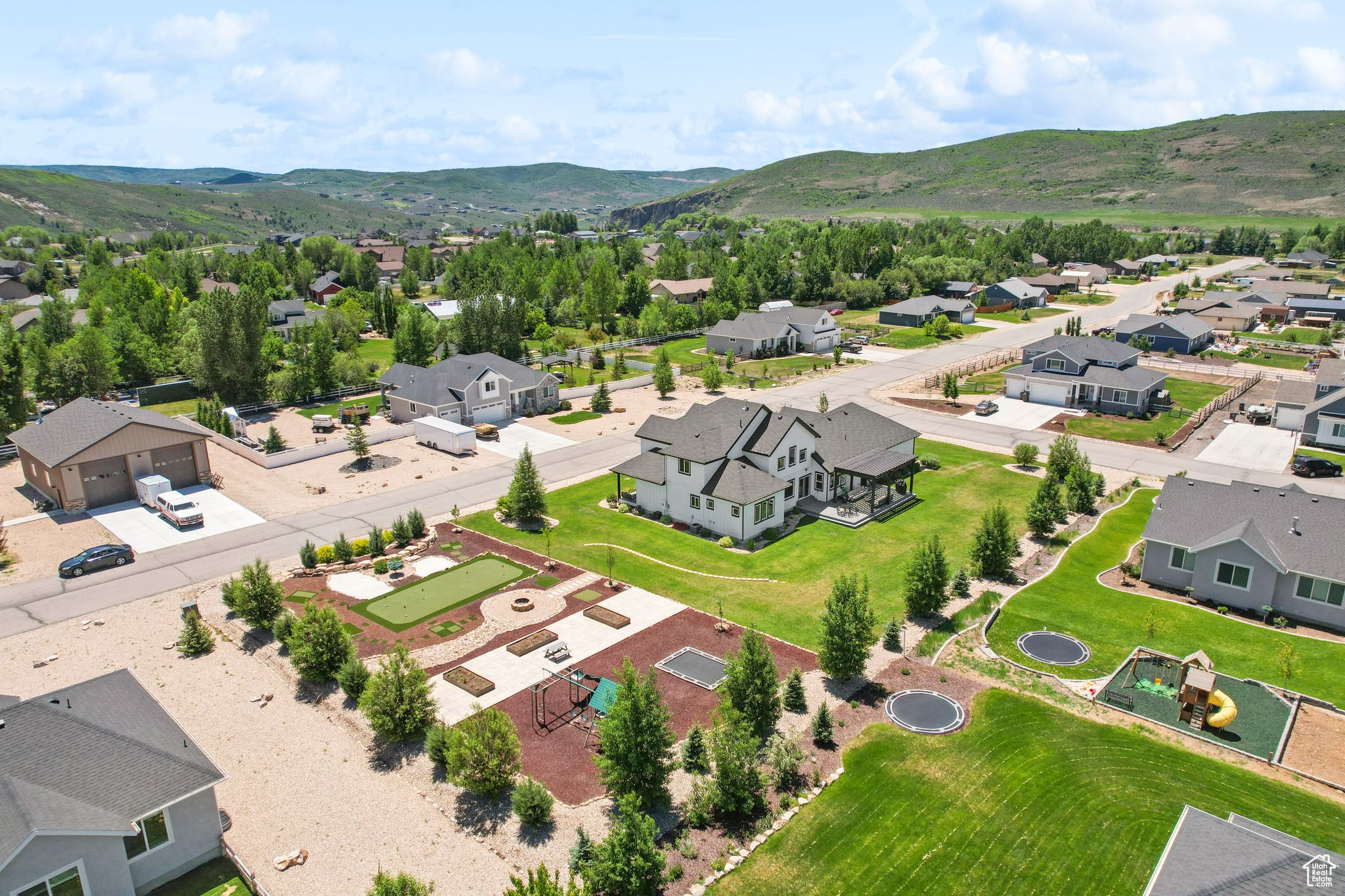Birds eye view of property with a residential view and a mountain view