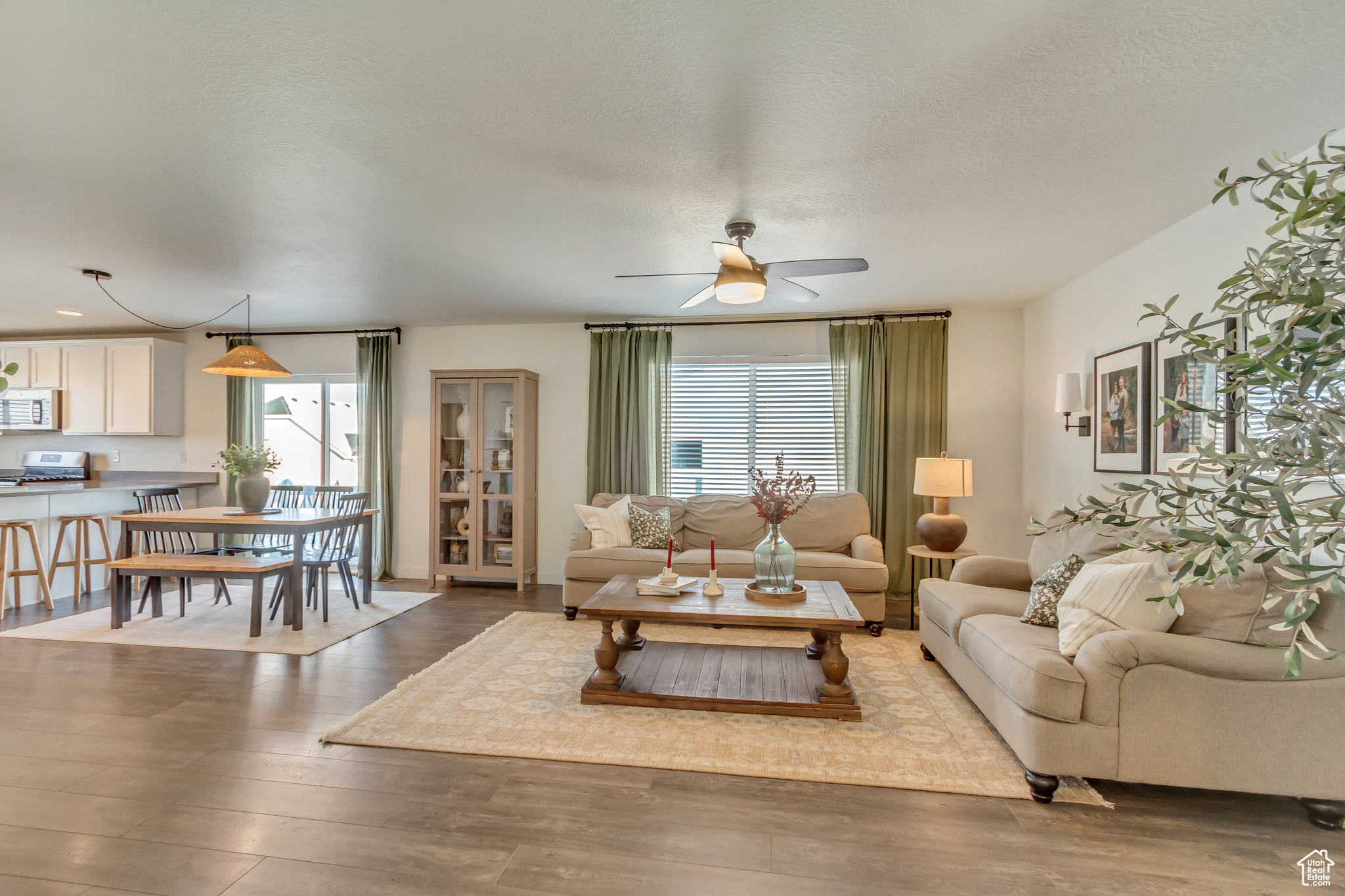 Living area with dark wood-style floors, ceiling fan, a textured ceiling, and a healthy amount of sunlight