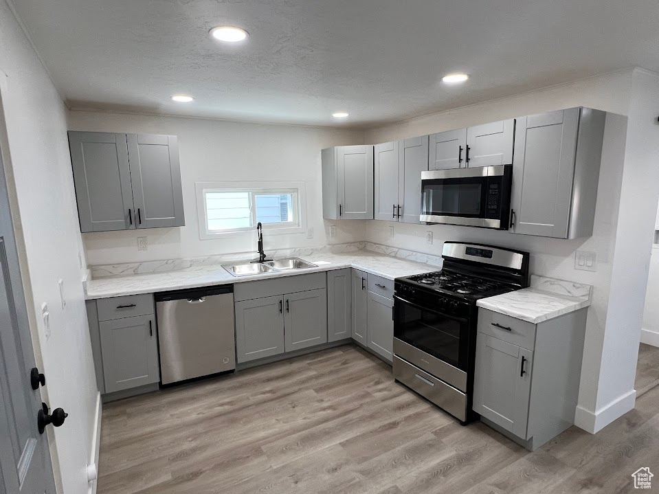 Kitchen with appliances with stainless steel finishes, light wood-style floors, gray cabinets, and a sink