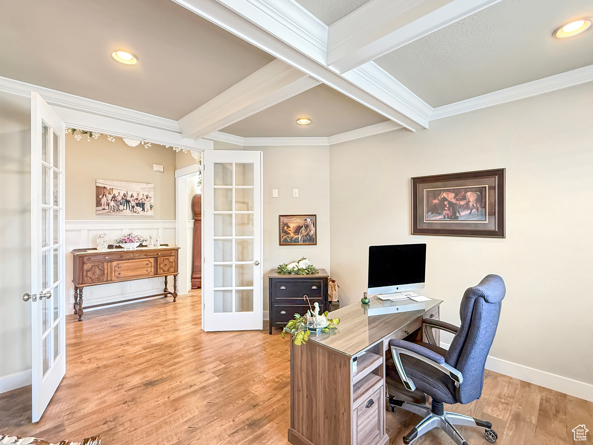 Home office featuring french doors, crown molding, recessed lighting, wood finished floors, and beamed ceiling