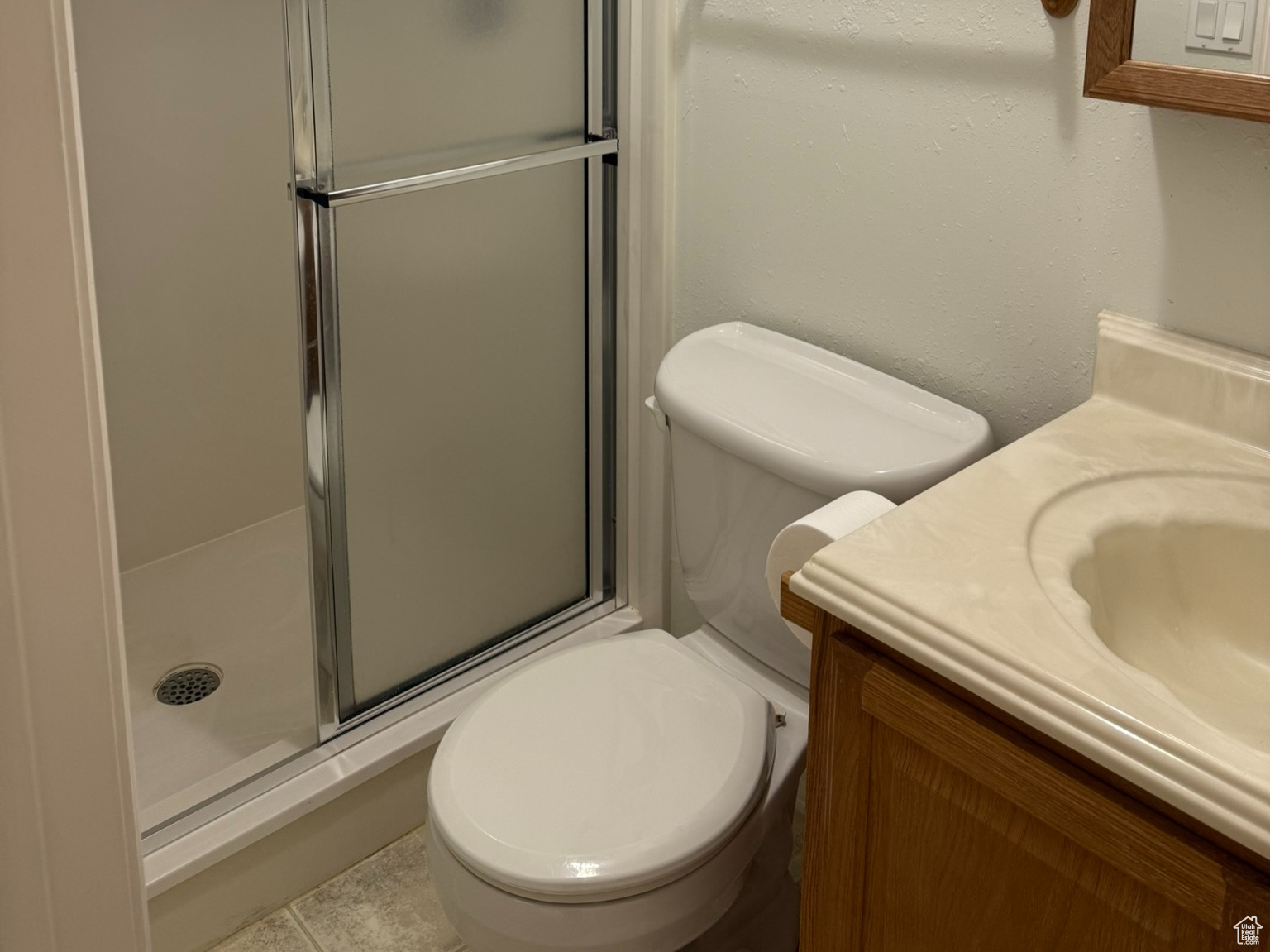 Full bathroom featuring toilet, a shower stall, and vanity