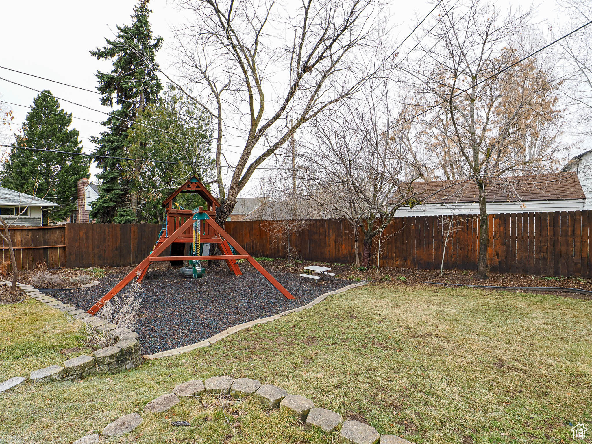 View of yard featuring a fenced backyard and a playground