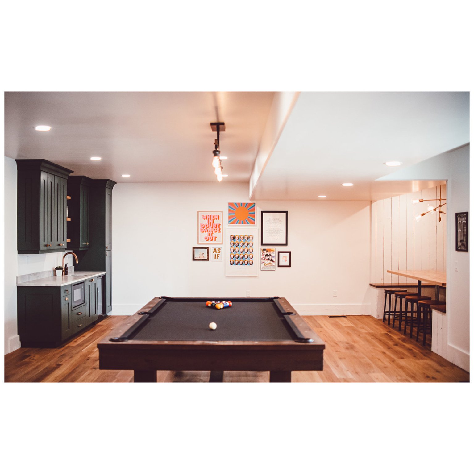 Rec room featuring recessed lighting, pool table, light wood-style flooring, track lighting, and baseboards