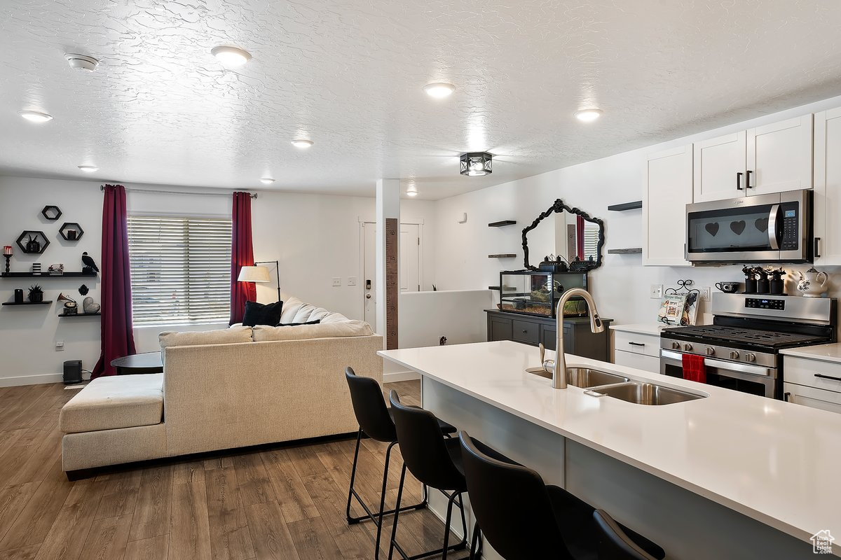 Kitchen featuring a sink, wood finished floors, open floor plan, stainless steel appliances, and light countertops