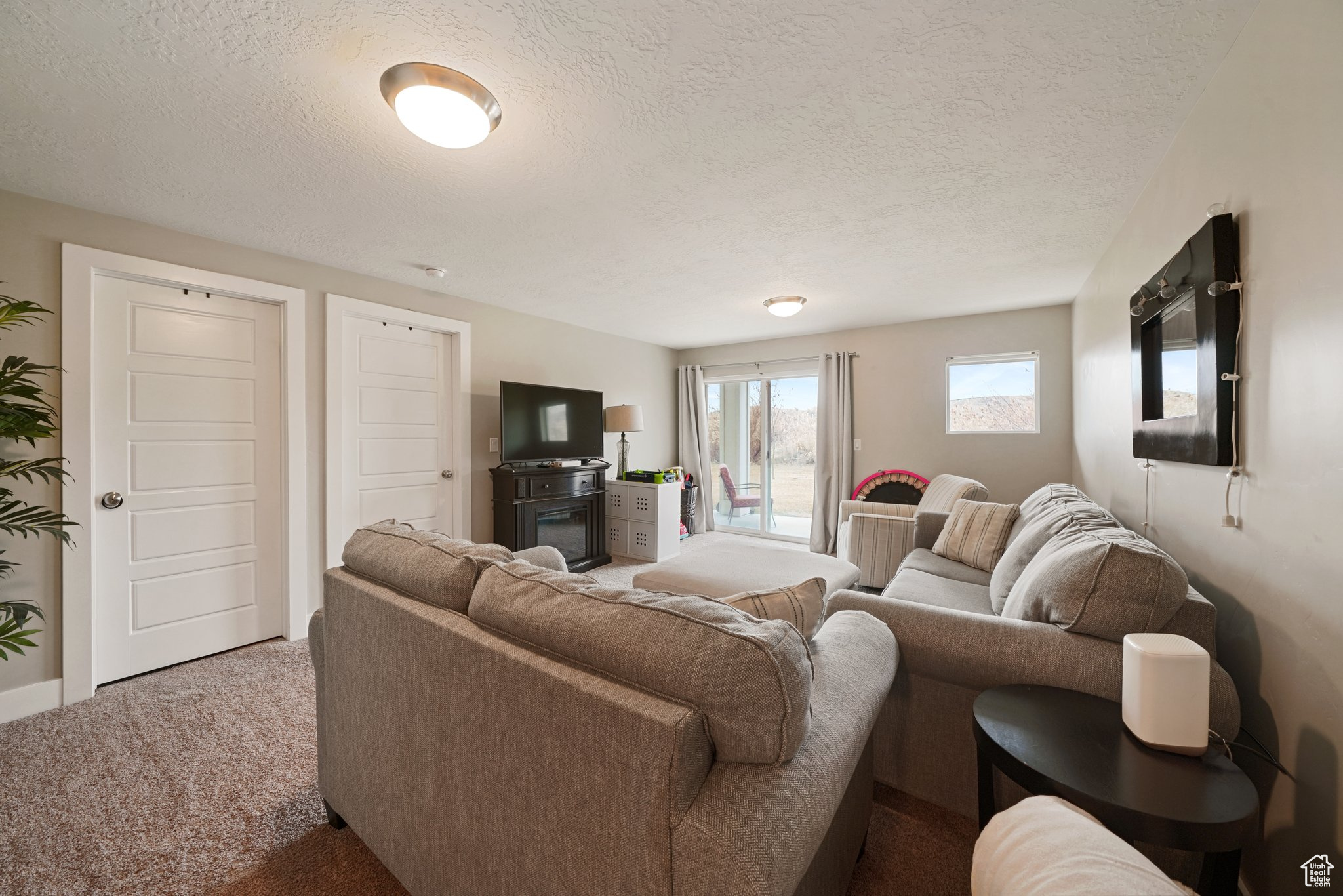 Living area featuring carpet floors and a textured ceiling