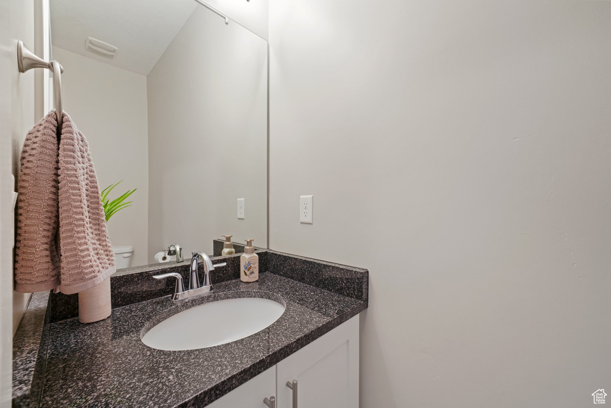 Half bathroom featuring vanity and toilet
