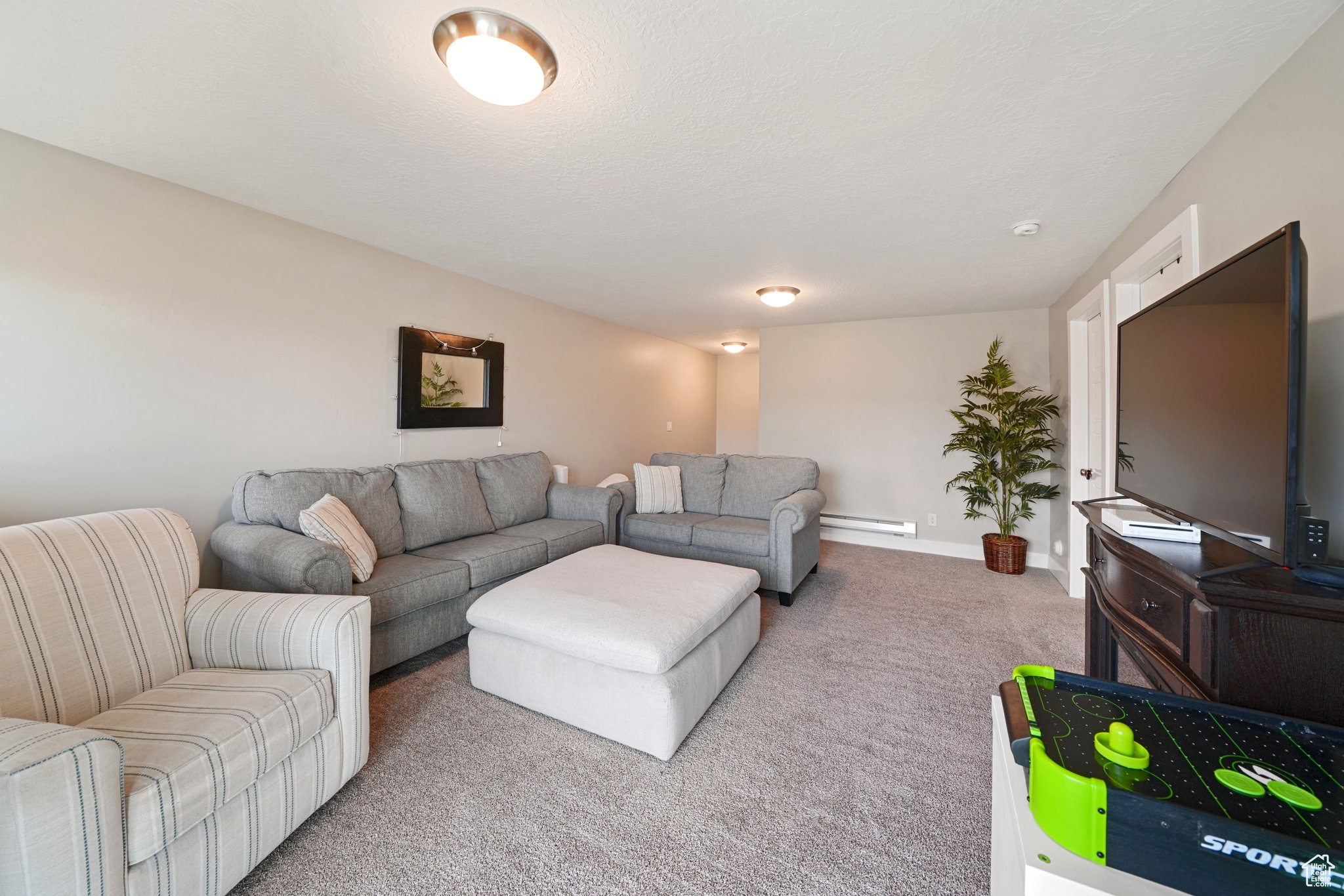 Living area with baseboard heating, baseboards, and carpet floors