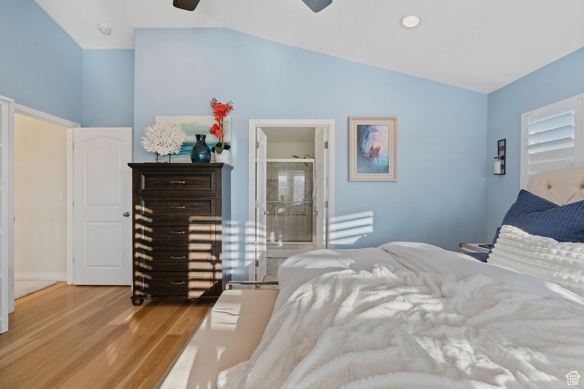 Access to Primary bathroom, from the large primary bedroom. Vaulted Ceilings!