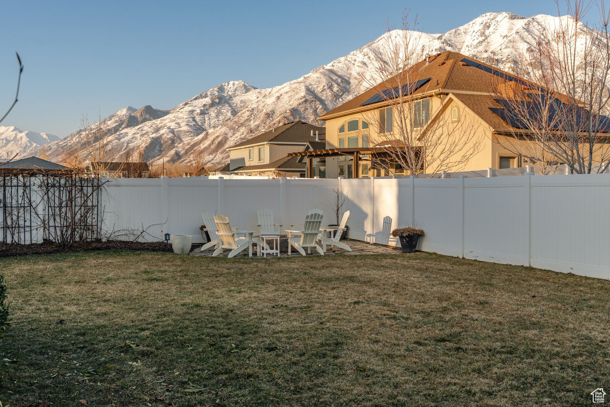 Backyard entertainment area. Natural gas fireplace. View of the Mtns.
