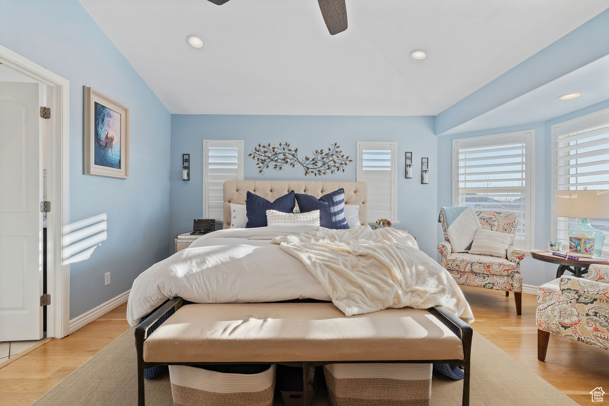 Large Primary suite. With white oak wood floors! Plantation shutters. Vaulted ceilings!