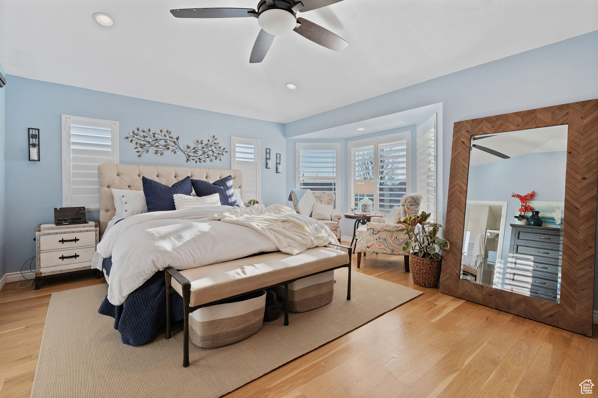 Large Primary suite. With white oak wood floors! Plantation shutters. Vaulted ceilings!