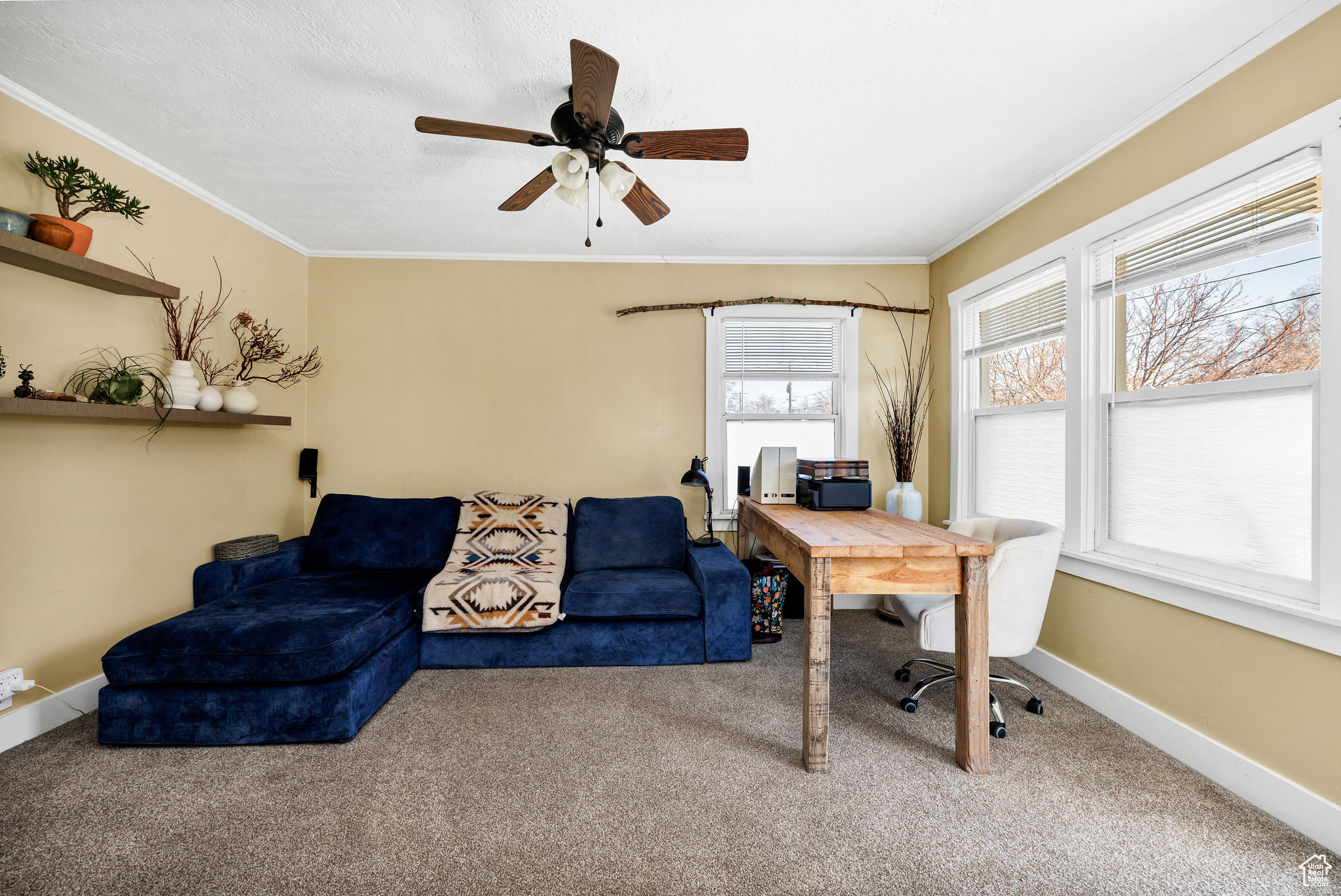 Living room featuring baseboards, carpet floors, ceiling fan, and crown molding