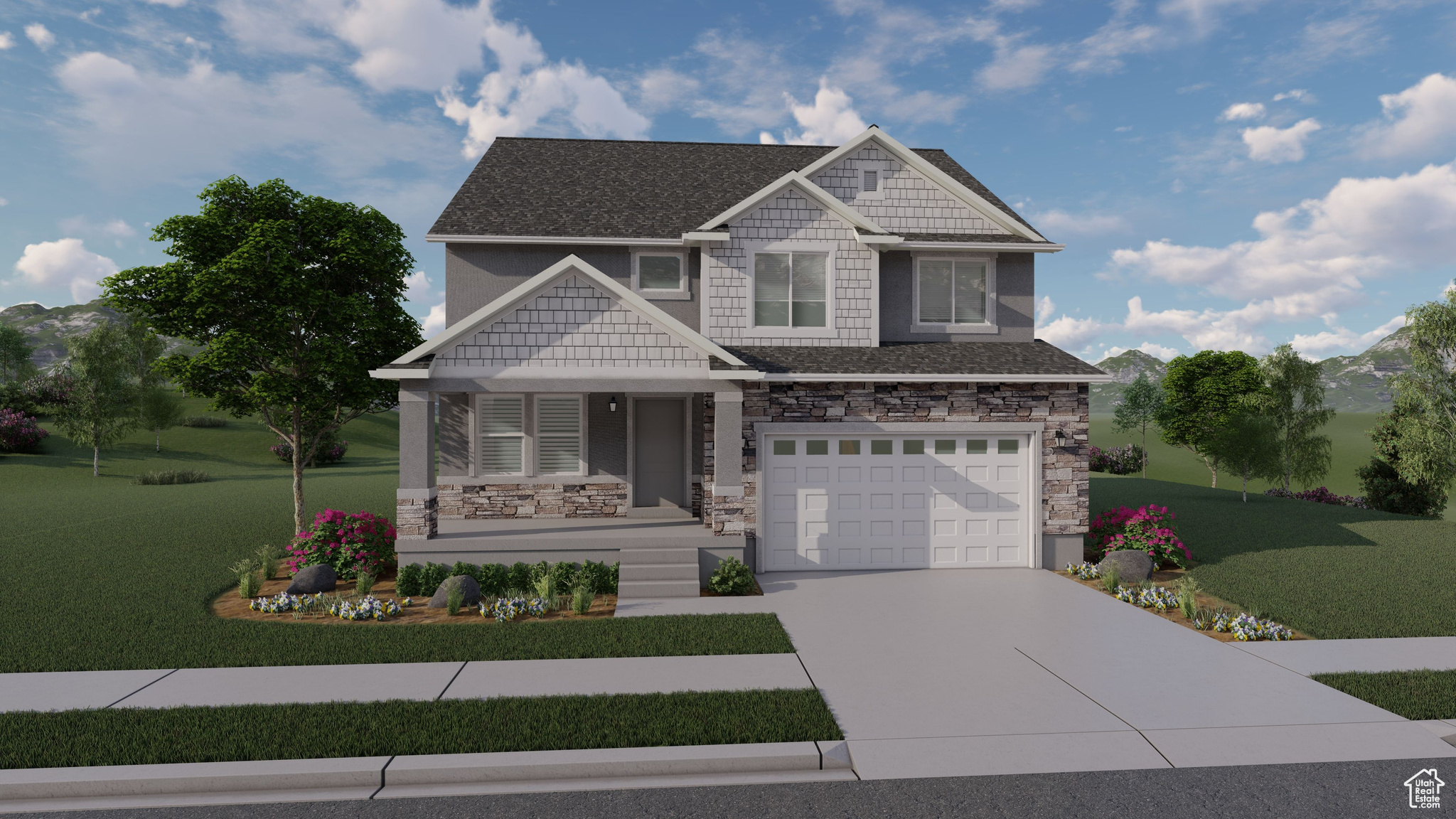 Craftsman-style house with concrete driveway, a garage, a front lawn, and stone siding