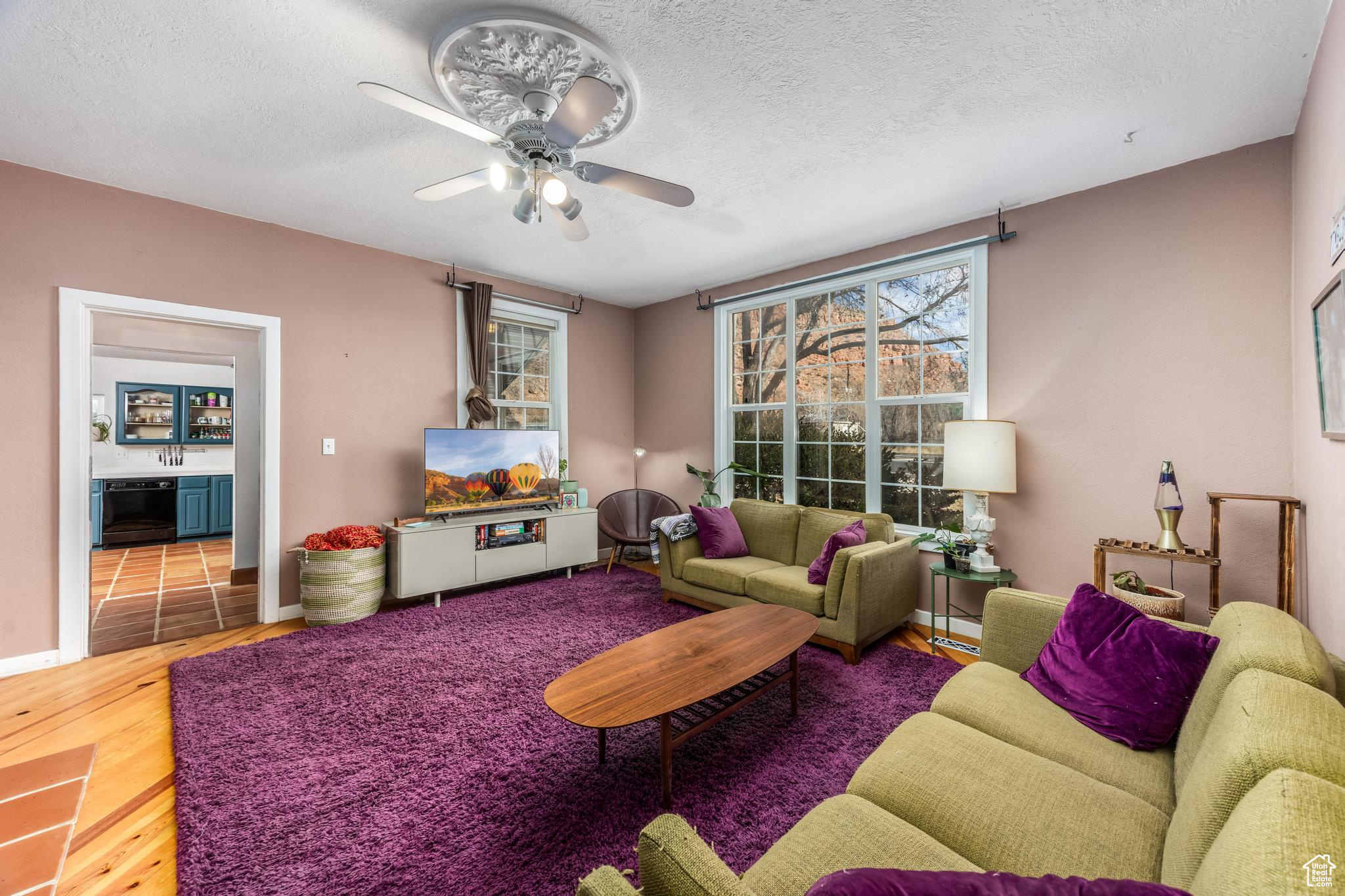 Living room featuring a ceiling fan, wood finished floors, baseboards, and a textured ceiling