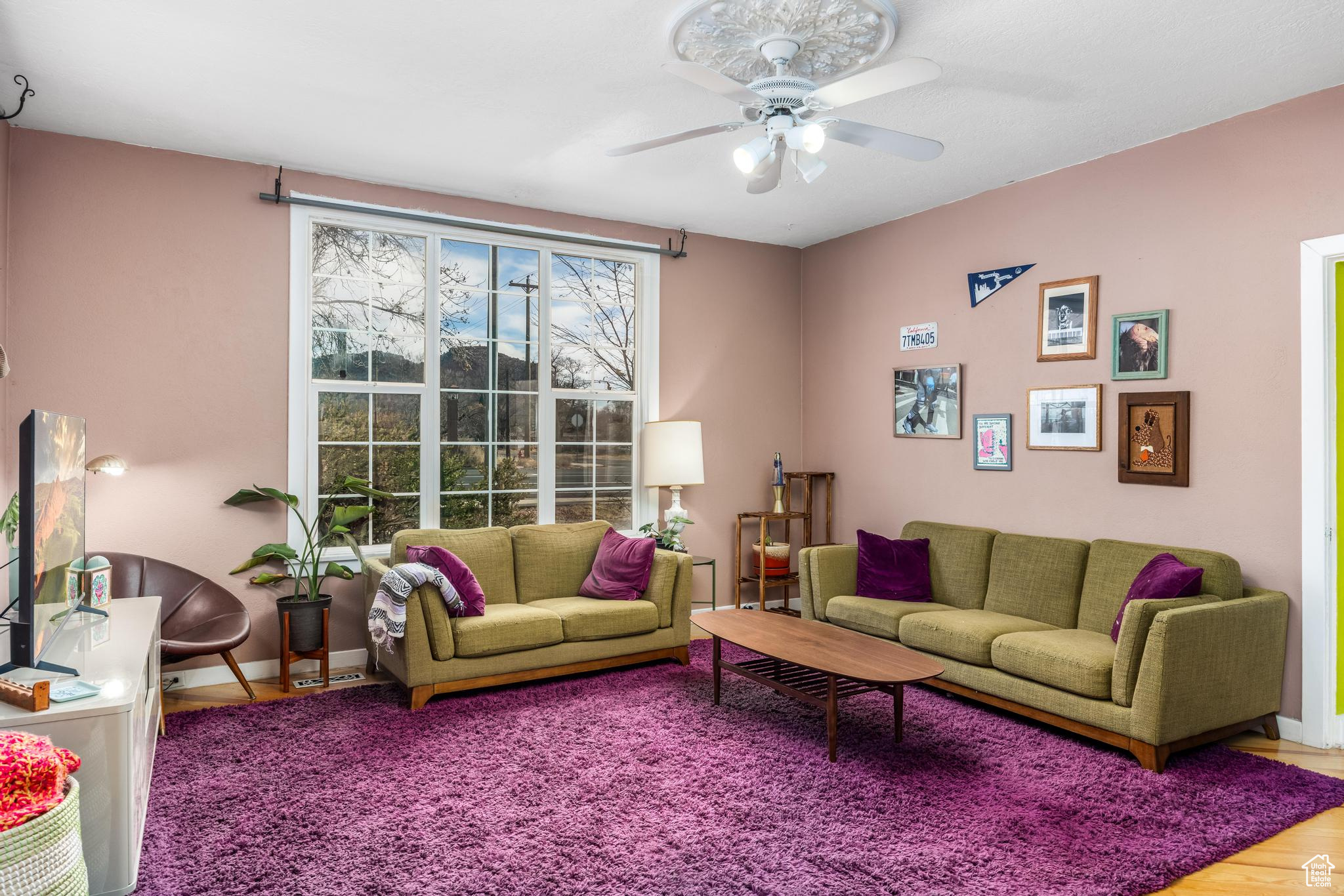 Living room with wood finished floors, baseboards, and ceiling fan