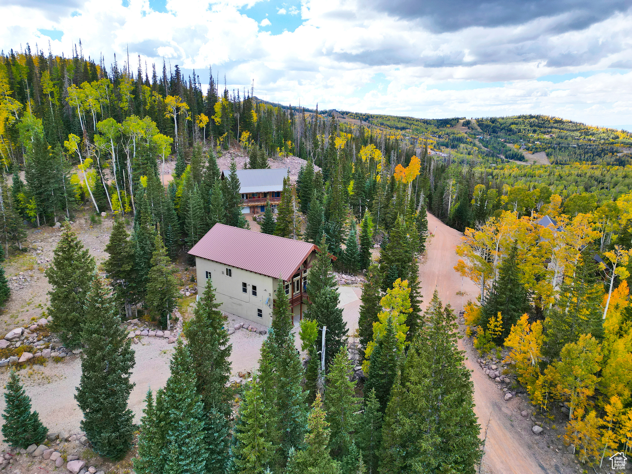 Birds eye view of property featuring a forest view