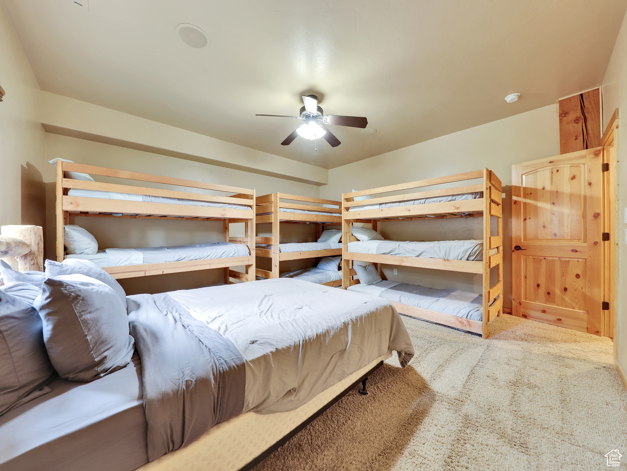 Carpeted bedroom with a ceiling fan