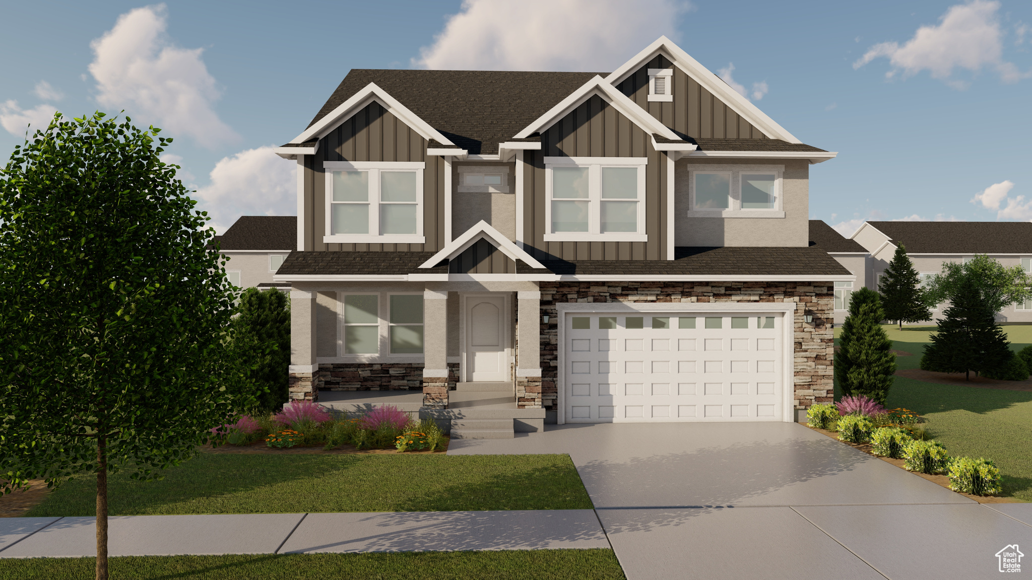 Craftsman-style home with stone siding, board and batten siding, driveway, and a garage