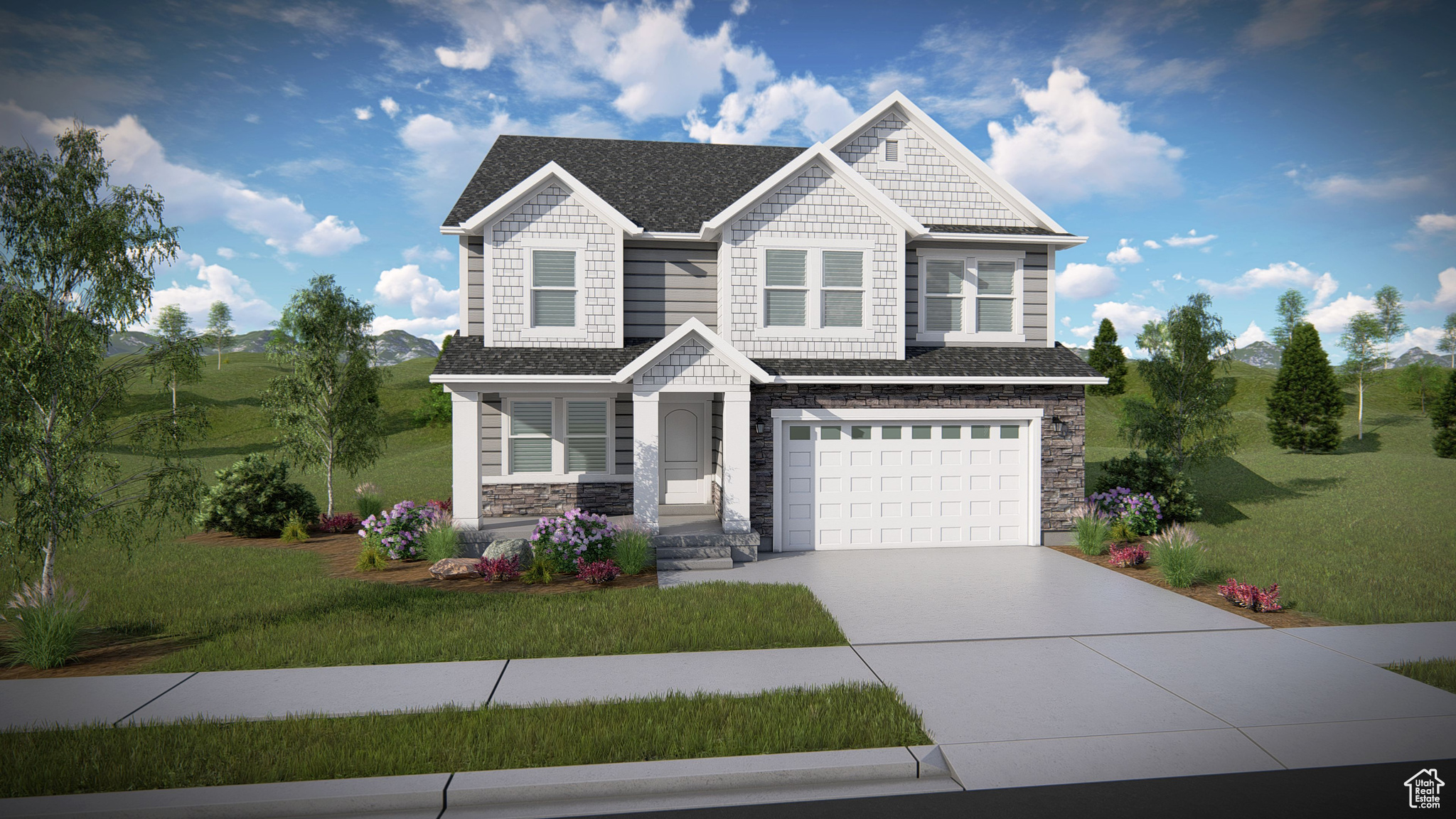 Craftsman inspired home featuring stone siding, a front yard, concrete driveway, and an attached garage