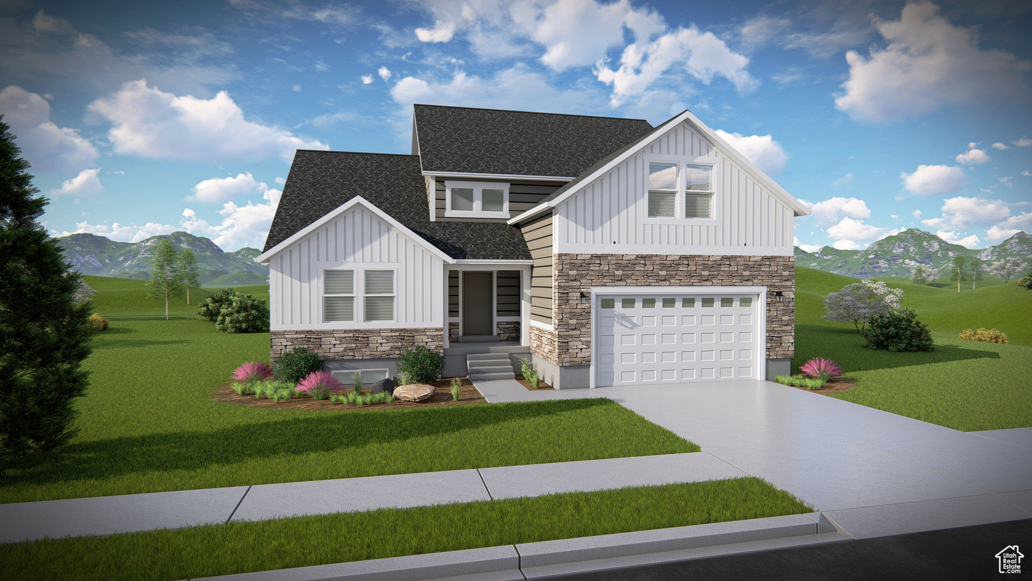 View of front facade with a mountain view, board and batten siding, driveway, and a front yard