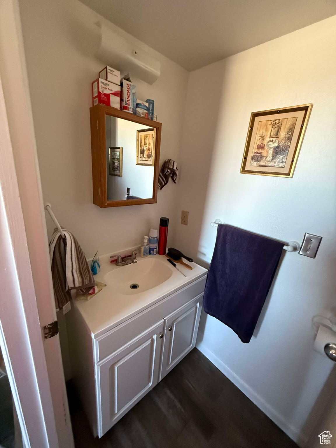 Bathroom with vanity and wood finished floors