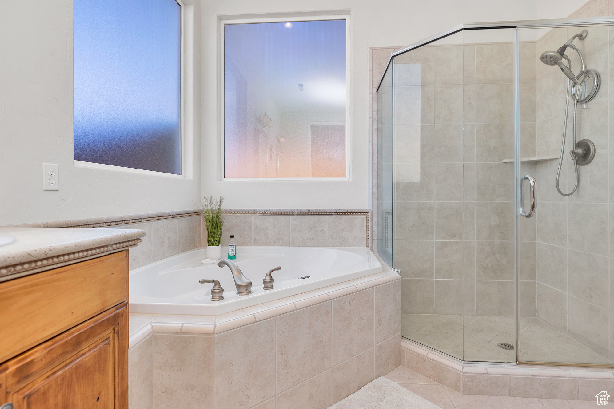 Full bathroom featuring vanity, a garden tub, and a shower stall
