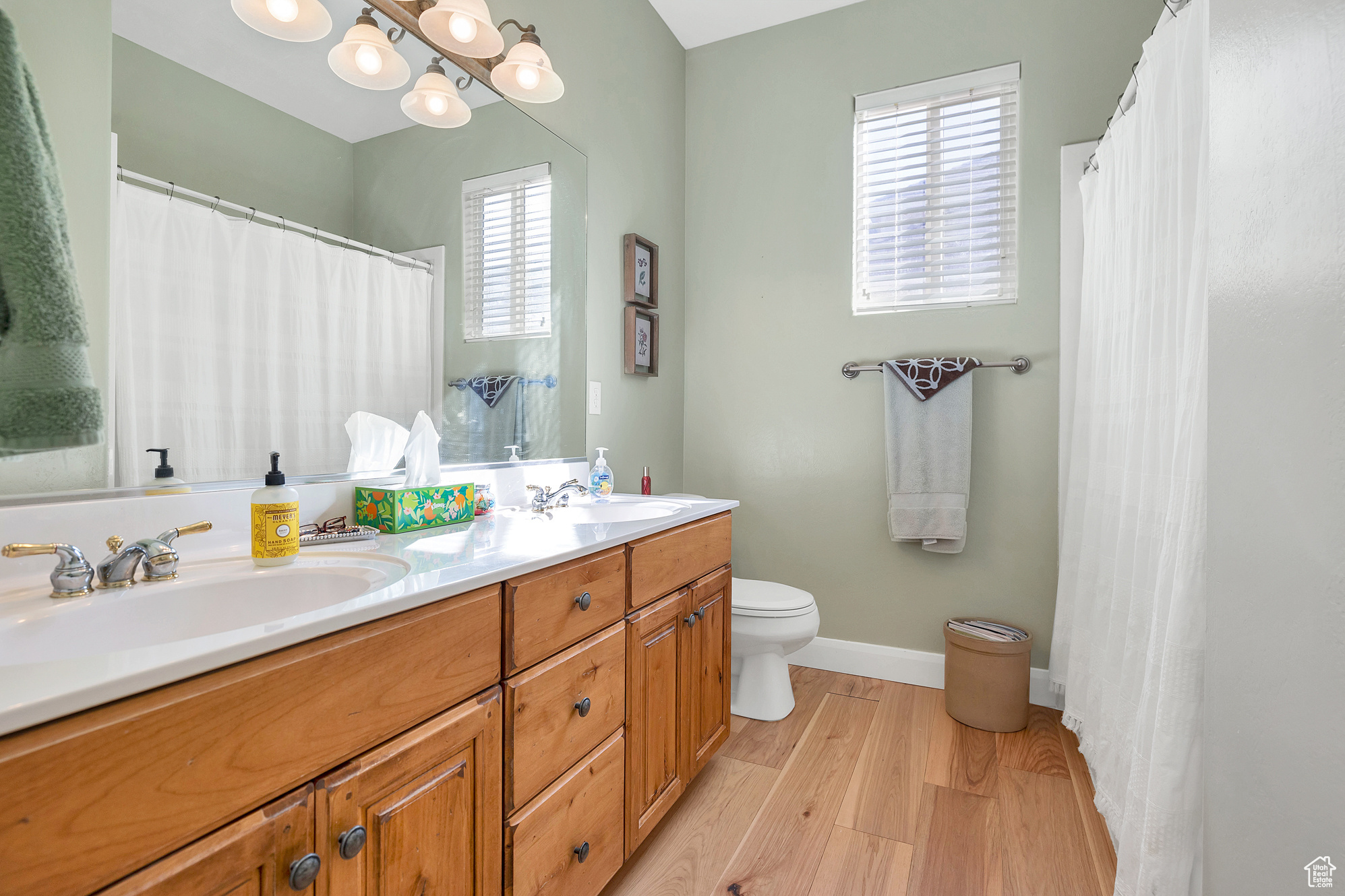 Bathroom featuring a sink, baseboards, wood finished floors, and double vanity