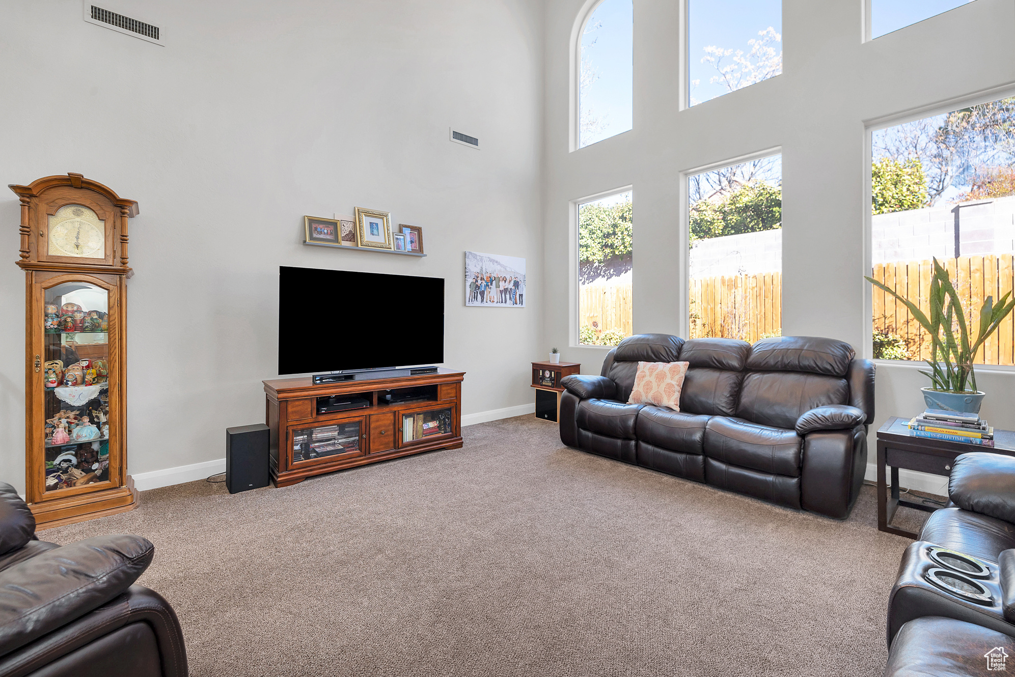 Living area with visible vents, baseboards, and carpet flooring