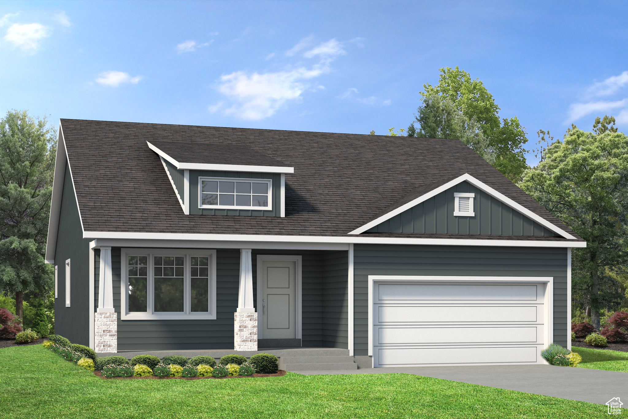 View of front of home with aphalt driveway, board and batten siding, roof with shingles, an attached garage, and a front yard