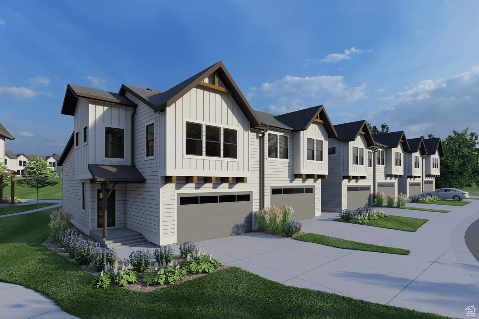 Modern inspired farmhouse featuring driveway, a garage, board and batten siding, and a residential view