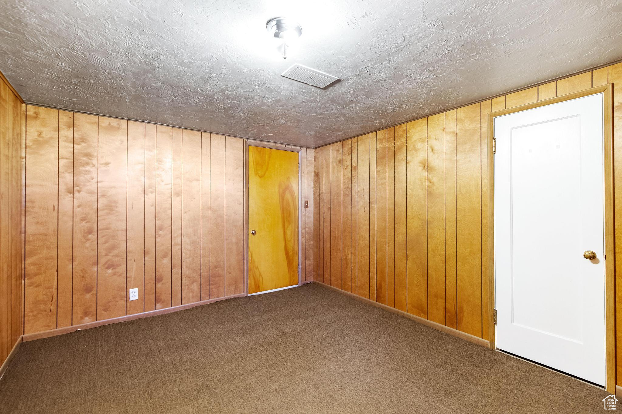 Spare room with carpet flooring, wood walls, and a textured ceiling
