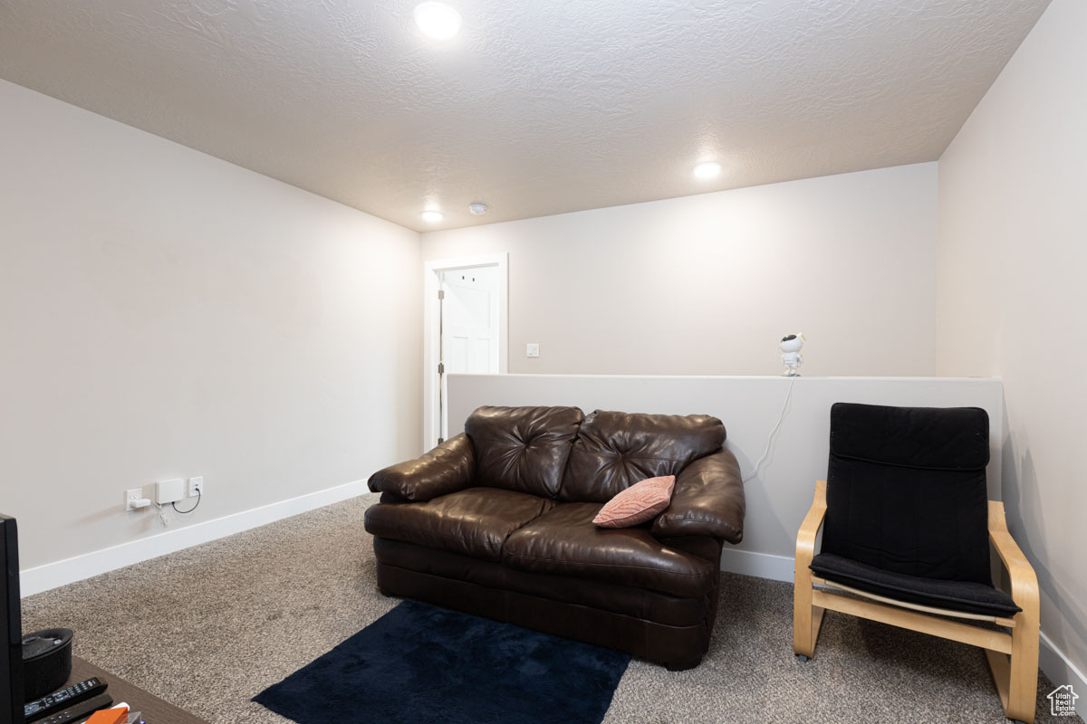 Carpeted living area featuring recessed lighting, baseboards, and a textured ceiling