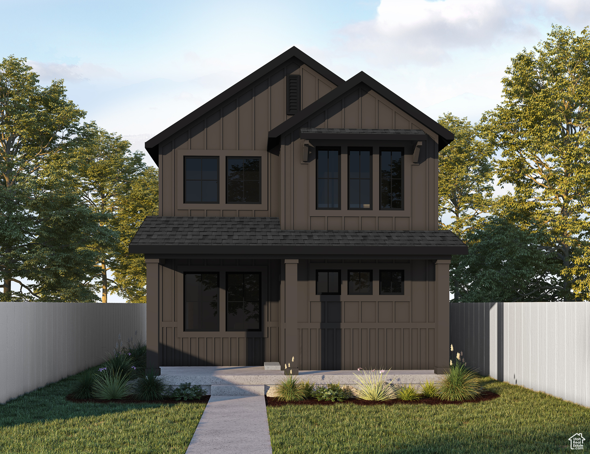 Modern inspired farmhouse featuring board and batten siding, a shingled roof, a front lawn, and fence