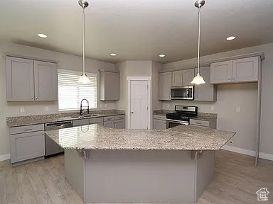 Kitchen with a sink, gray cabinetry, light wood finished floors, and stainless steel appliances