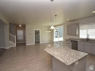 Kitchen featuring light wood-type flooring, gray cabinets, a sink, a center island, and dishwasher